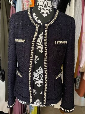 Pearl-Trim Tweed Jacket - Navy